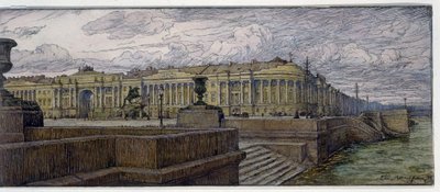 The Senate Place in St Petersburg. Description of the Buildings on the Bank of the Neva. Work by Evgeny Evgenyevich Lanceray (Eugene Lansere) (1875-1946), lithograph by Evgeni Evgenievitch Lanceray
