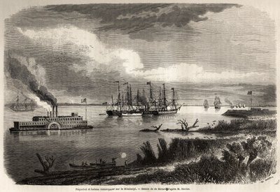 Ship and tug boat on the Mississippi, drawing by Evremond Auguste de Berard, to illustrate the voyage to New Orleans in 1855 by Elysee Reclus. Engraving in Le tour du monde, nouveau journal des voyages by Evremond de (after) Berard