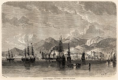 The port of Spain, in Trinidad (Trinidad and Tobago), drawing by Evremond Auguste de Berard, to illustrate the voyages to the West Indies, in 1858-1859, by Anthony Trollope. Engraving in "Le tour du monde, nouveau journal des voyages" by Evremond de (after) Berard