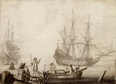 Men in a boat near two Dutch ships by Experiens Sillemans