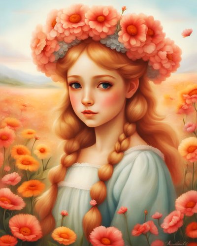 Girl Decorated with Flowers in a Beautiful Landscape by F. Abderrahim