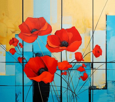 Abstract Mondrian, Poppies Flower Painting by F. Abderrahim
