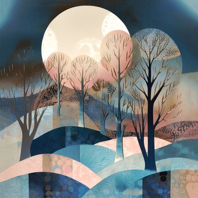Abstract Moonglow Painting, Large Moon, Blue Pink Cream, Wall Art Print by F. Abderrahim