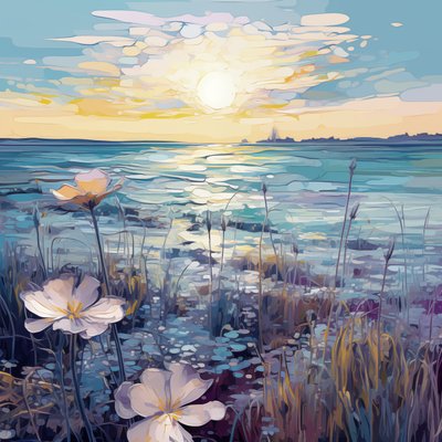 Abstract Purple Flowers in Blue Lake by F. Abderrahim
