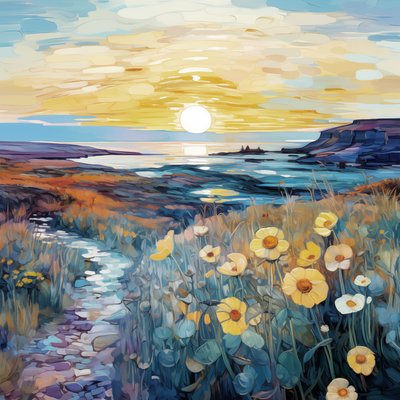 Abstract Purple Flowers in Sunrise Landscape by F. Abderrahim