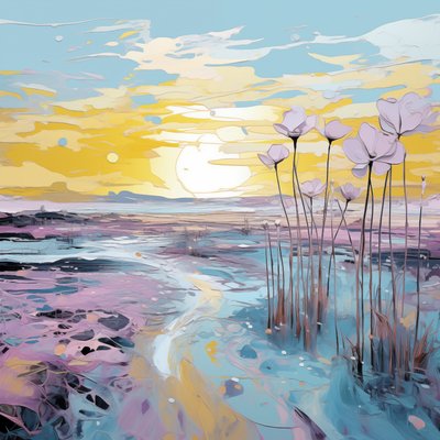 Abstract Purple Flowers in Sunset Landscape by F. Abderrahim