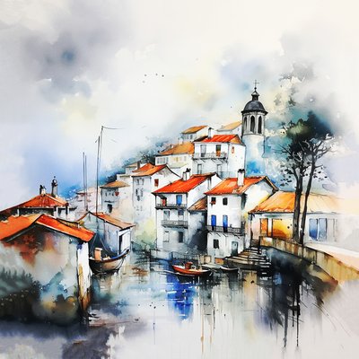 Abstract Watercolor Landscape, Village & Street Painting, Hall & Living Room Decoration by F. Abderrahim