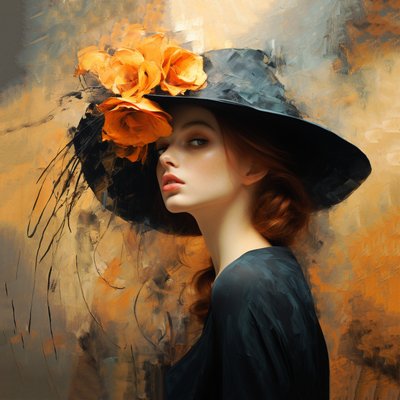 Abstract Beautiful Woman Painting with Hat of Flowers by F. Abderrahim