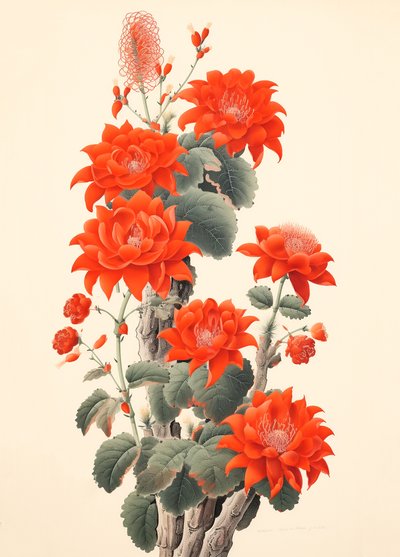 Abstract Cactus with Flowers, Japanese Woodblock by F. Abderrahim