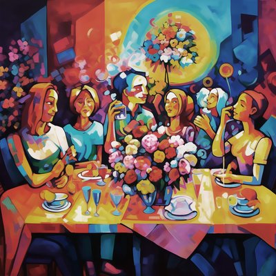 Abstract Illustration, Happy Family Dinner, Full Color, Wall Art Print by F. Abderrahim