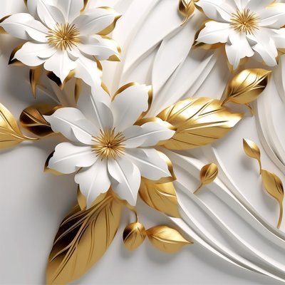 Abstract Leaves & White Flowers, Golden Texture by F. Abderrahim
