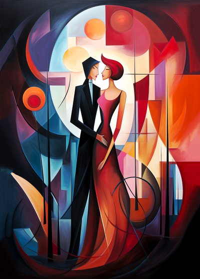 Abstract oil painting of couple in love, vibrant color by F. Abderrahim