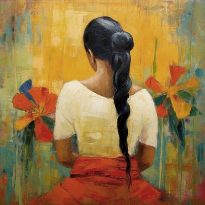 Abstract painting: Mexican woman from behind by F. Abderrahim