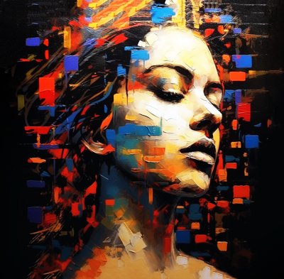 Abstract painting female portrait profile black background by F. Abderrahim