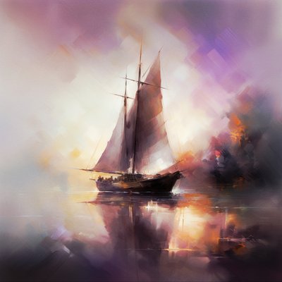 Abstract Painting of a Sailboat in Seascape, Wall Art by F. Abderrahim