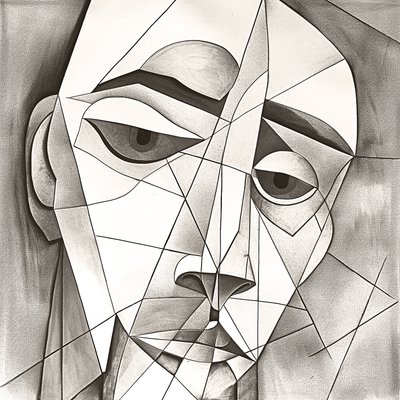 Abstract Primitive Pencil Drawing Depicting a Melancholic Facial Portrait by F. Abderrahim