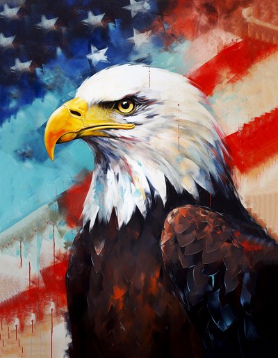 American Eagle, US Flag in the Background, Oil Painting, Room Decor, Wall Art Prints by F. Abderrahim