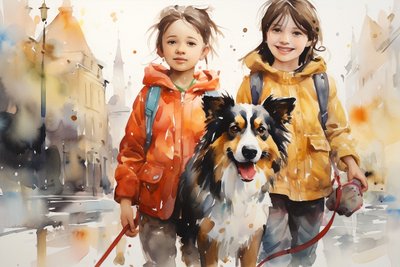 Watercolor Portrait Painting of Dog and Children by F. Abderrahim