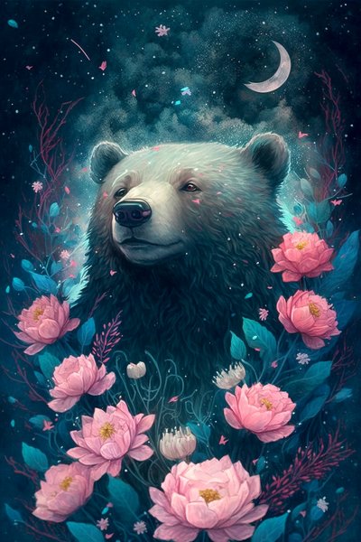 Bear in a Fantasy Dream Scene Surrounded by Flowers by F. Abderrahim