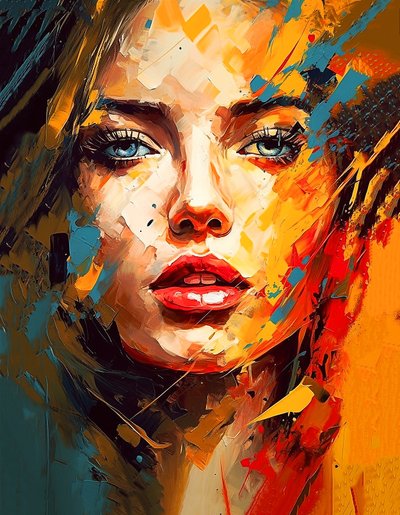 Beautiful girl face portrait drawing, blue eyes, impressionist style by F. Abderrahim