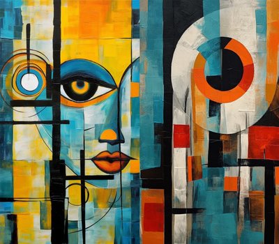 Beautiful Cubist Painting, Female Face in Vivid Colors by F. Abderrahim