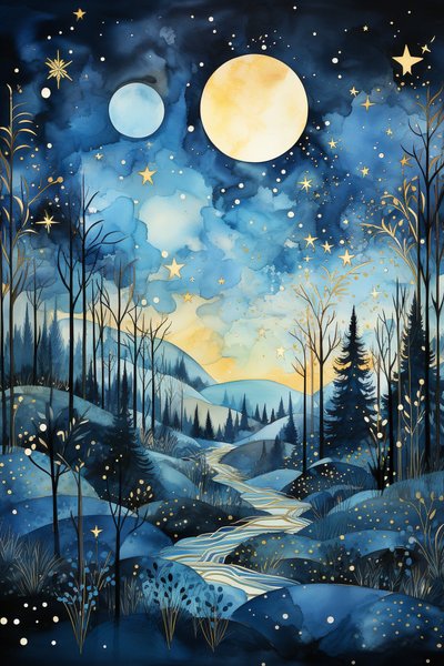 Celestial Whispers: Abstract Watercolor Painting of the Blue Night Sky by F. Abderrahim