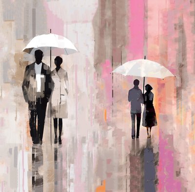 Loving Couple Under Umbrella, Rainy Romantic, Living Room Wall Decor by F. Abderrahim