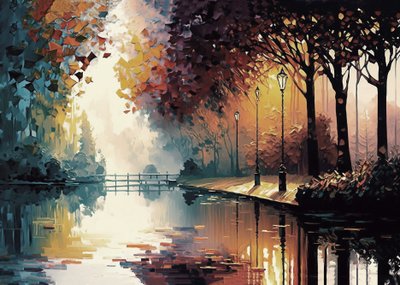 Expressive Painting of a Garden with a Stream in Autumn by F. Abderrahim