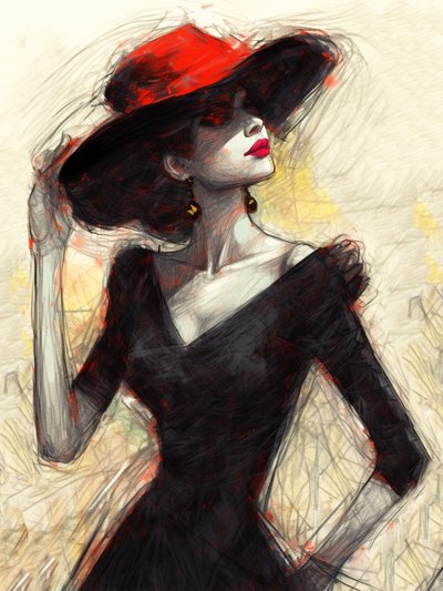 Fashion woman with a red hat, abstract painting by F. Abderrahim