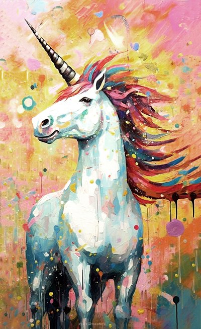 Horned Horses painting, mythical creatures by F. Abderrahim