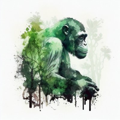Jungle Monkey, Chimpanzee, Double Exposure Watercolor Painting by F. Abderrahim