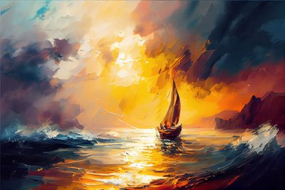 Sailboat at Sea, Seascape Sunrise by F. Abderrahim