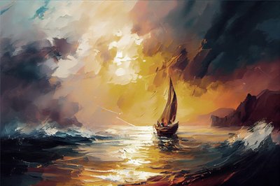 Sailboat in a Red Sunset Seascape by F. Abderrahim