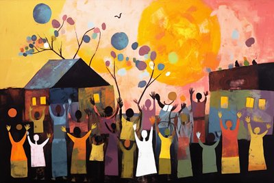 School Children Celebrating in the Schoolyard by F. Abderrahim