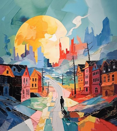 Snowy Day in Old Town, Surrealism Winter Landscape by F. Abderrahim
