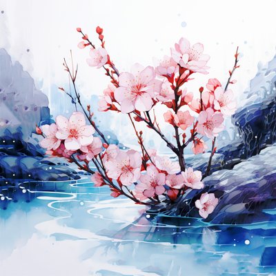 Surreal Watercolor Painting Japanese Cherry Blossoms Flowers by F. Abderrahim