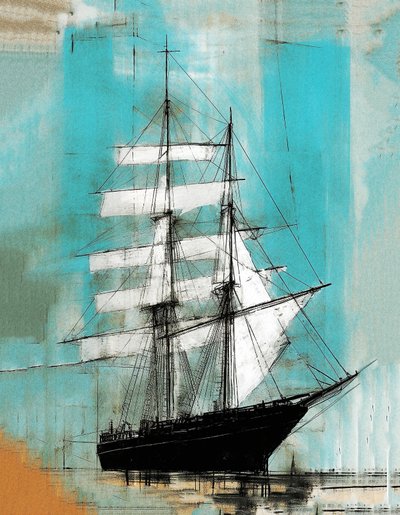 Bold ship sailing painting old, Motherwell style by F. Abderrahim