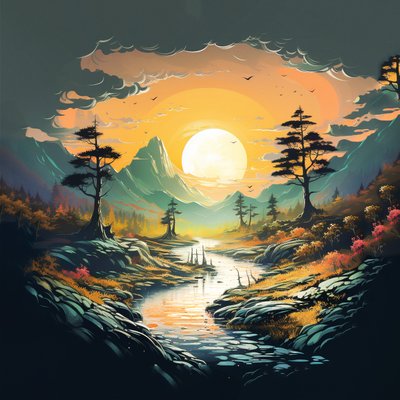 Fantasy Mountains Sunset Landscape Nature Digital Drawing by F. Abderrahim