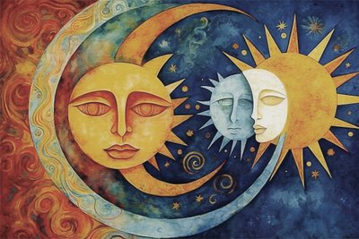 The sun and moon faces, abstract painting by F. Abderrahim
