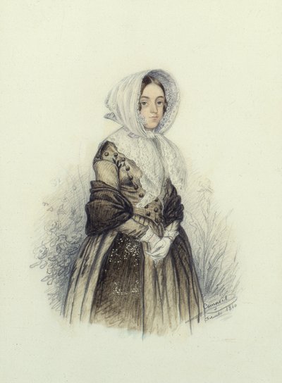Portrait of a Young Lady in a Bonnet with White Gloves by F. Camaret