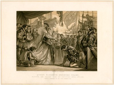 Queen Elizabeth Knighting Drake on board the Golden Hind, April 4th 1581, 19th century by F Fraenkel
