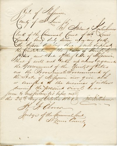 Loyalty oath of Frederick Kretschmar, State of Missouri, County of St. Louis by F. Kretschmar