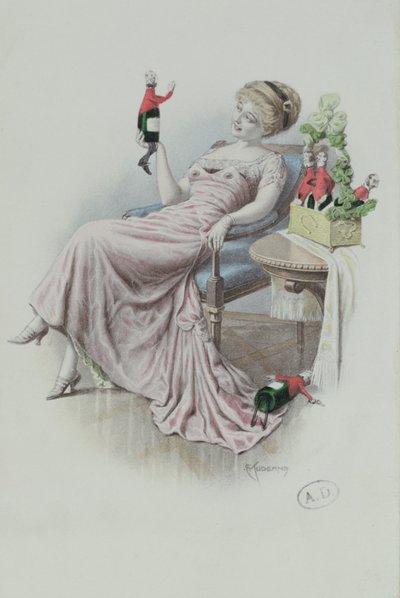 Postcard Depicting a Woman with Bottles of Champagne in the Shape of Men by F. Kuderna