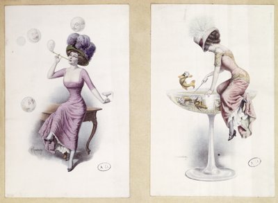 Postcards Depicting a Woman Blowing Bubbles & Fishing in a Champagne Glass, c.1900 by F. Kuderna
