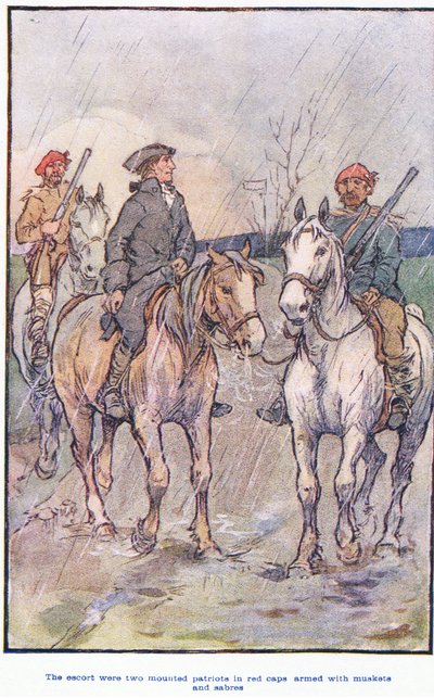 The escort were mounted patriots in red caps, armed with muskets and sabres by F. M. B. Blaikie