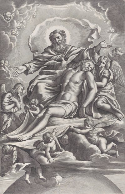 The Holy Trinity, with the dead Christ at center surrounded by angels, God the Father, ..., 1650-90 by F. de Louvement