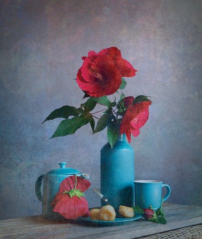 Red Flowers Turquoise Still Life by Fangping Zhou