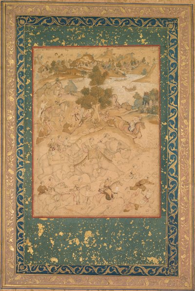 Akbar supervising the capture of wild elephants at Malwa in 1564, c. 1602-3 by Farukh Chela