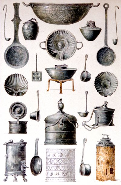 Reproduction of cooking utensils, from The Houses and Monuments of Pompeii, by Fausto and Felice Niccolini, Volume IV, Supplement, Plate XVII by Fausto and Niccolini Felice Niccolini