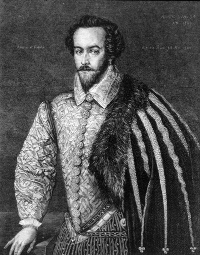 Portrait of Sir Walter Raleigh (1554 - 1618), English navigator, courtier, and writer. Engraving after a painting attributed to Federico Zuccaro (or Zuccari) (1549 - 1609) of 1588 by Federico (after) Zuccari or Zuccaro